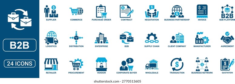 Professional B2B business solid icon set designed for corporate and commercial concepts. Includes icons for supplier, vendor, commerce, enterprise, partnership, purchase orders, supply chain, logistics, transactions, quotations, and invoices. Clean and scalable vector icons ideal for business platforms, dashboards, websites, presentations, and enterprise solutions.