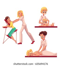 Professional baby, woman, mobile chair massage services set, cartoon vector illustration on white background. Professional female massage therapist doing baby, back, corporate mobile chair massage
