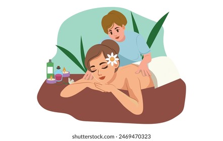 Professionelle Rückenmassage isolierter Masseur, der junge Schultern massiert. Vektorgrafik Flat Cartoon Authentische Luxus-Spa-Behandlung. Mädchen entspannen in Schönheitssalon, Gesundheitsversorgung, Genuss und Körperpflege.