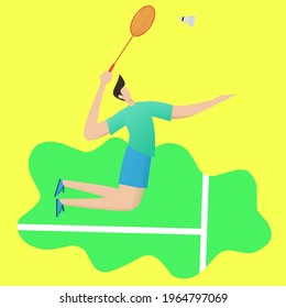 Professional badminton player approaching the shuttlecock to make a strong smash shot. flat vector illustration.
