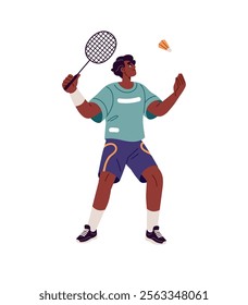 Professional badminton player throws shuttlecock into air to hit it with racket. Sportsman plays racquet game on court. Athlete serving in sport. Flat isolated vector illustration on white background