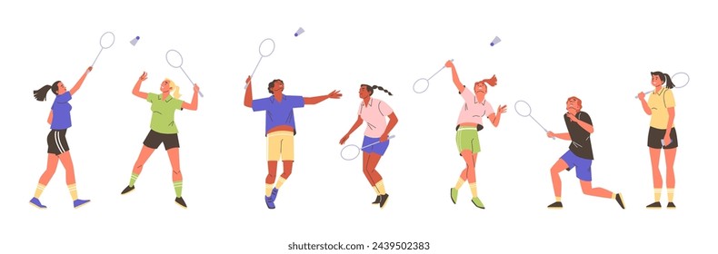 Professional badminton players with racket in action vector illustrations set. Cartoon young women and men getting ready to hit the shuttlecock. Sport game competition isolated on white