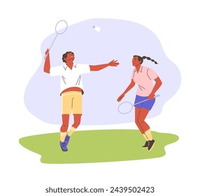 Professional badminton players with racket in action. Sport game competition. Cartoon young woman and man getting ready to hit the shuttlecock. Vector illustration isolated on white