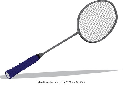 Raquete de badminton profissional com uma pega azul e cordas, isolado em um fundo branco com uma sombra.