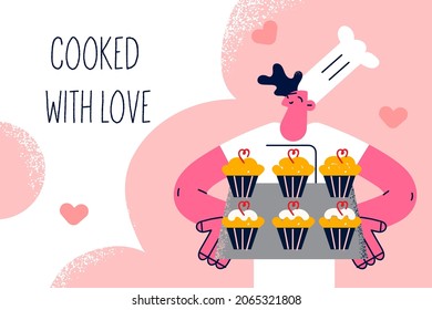 Professional baker with foods concept. Young smiling woman cartoon character baker in apron standing holding tray with freshly baked cupcakes feeling excited with lettering vector illustration 