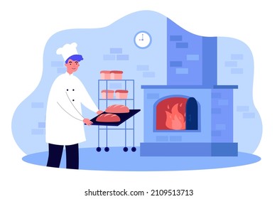 Professional baker making bread in oven. Man in uniform and hat holding in hands baking sheet with bread flat vector illustration. Bakery concept for banner, website design or landing web page