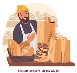 Professional baker man cartoon character advertising homemade bakery and pastry products scene. Happy cook bakery-shop owner packing ordered freshly made bread for customer vector illustration