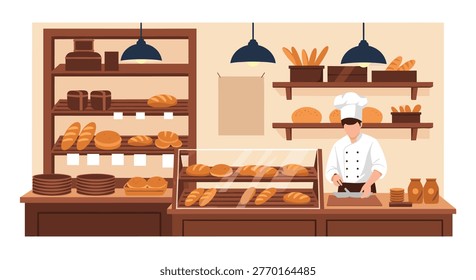 Professional baker in a white uniform preparing fresh bread in a cozy bakery shop filled with various loaves and pastries displayed on shelves.