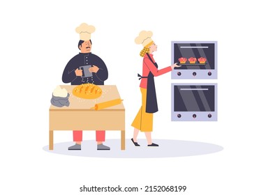 Professional bakers bake bread in kitchen with modern equipment, flat vector illustration isolated on white background. Production and sale of bread.