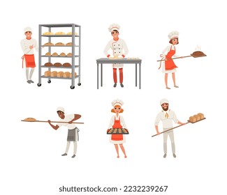 Professional bakers baking bread and pastries set. Bakehouse workers with freshly baked bread and buns vector illustration