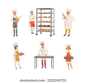 Professional bakers baking bread and pastries set. Bakehouse workers holding trays with freshly baked bread and buns vector illustration