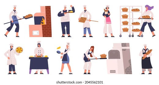 Professional bakers characters cooking, baking bread and pastry. Bakers characters making pastry and bread vector Illustration set. Bakers male and female characters. Baker character professional