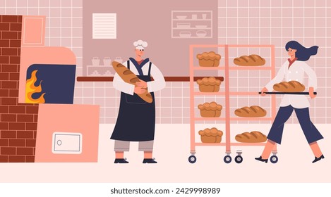 Professional bakers characters cooking, baking bread and pastry. Man holds freshly baked baguette. Female and male characters cooking food for sale. Delicious bread vector illustration