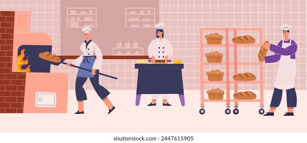 Professionelle Bäcker Charaktere Kochen, Brot backen und Gebäck. Vektorgrafik von Kochbäcker, Charakter Koch Illustration, Küche professionell kulinarisch