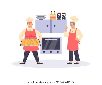 Professional bakers with equipment for preparing bread, flat cartoon vector illustration isolated on white background. Kitchen with bakers male cartoon characters.