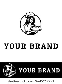 Um logotipo de padaria profissional com uma chef feminina segurando um pão, perfeito para padarias de marca, pastelarias, cafés e empresas de alimentos caseiros