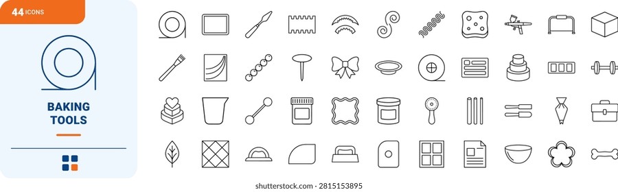 Professional baking and cake decorating line icon set including fondant smoothers, rolling pins, and confectionery utensils. This premium collection provides a comprehensive thin linear illustration of sugarcraft equipment.