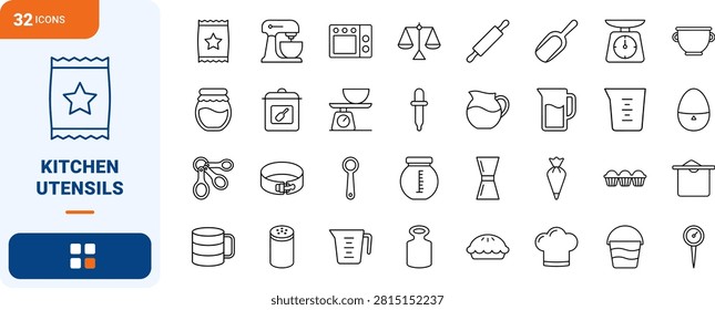 Professional baking measuring tools line icon set including kitchen scales, measuring cups, and timers. This high quality collection features precise thin linear illustration elements.