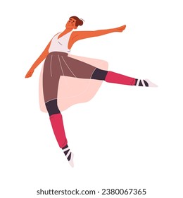 Bailes de bailes profesionales con música clásica. Bailarina de ballet en formación de tutu sobre ensayos. Una joven con zapatos puntiagudos actúa en el teatro. Ilustración vectorial aislada plana sobre fondo blanco