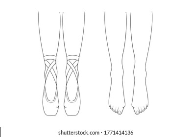 Professional ballerinas bunion illness. The dancers legs are barefoot and in pointes. Outline vector illustration.