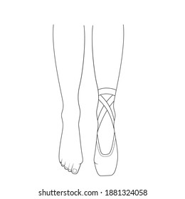 Professional ballerinas hallux valgus. The dancers legs are barefoot and in pointes. Outline vector illustration.