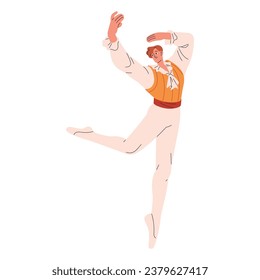 Professional ballet dancer perform in theater. Elegant performer in show costume standing in pose. Man in pointed shoe dancing classic dance. Flat isolated vector illustration on white background