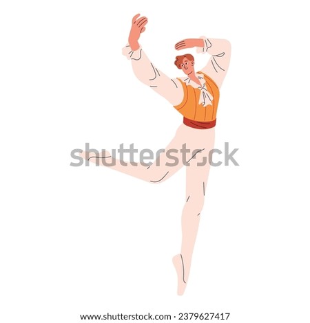 Professional ballet dancer perform in theater. Elegant performer in show costume standing in pose. Man in pointed shoe dancing classic dance. Flat isolated vector illustration on white background