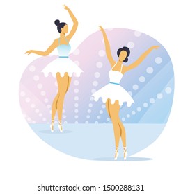Professional Ballet Show Flat Vector Illustration. Graceful Ballerinas, Dancers Cartoon Characters. Young Women in Tutu and Pointe Shoes Performing Elegant Classical Dance. Exquisite Entertainment