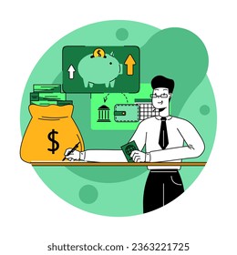 Professional banker holding document and making notes. Bank-provided funding for credit and loan. Lending concept. Growth in savings and finances. Vector illustration in green colors