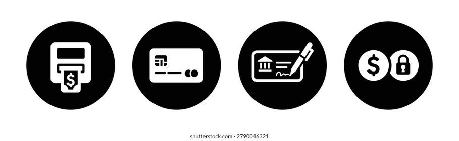 Professional banking and payment icon collection featuring ATM services, credit cards, check payments, secure transactions, digital banking, and financial security symbols. Ideal for fintech platforms, banking websites, mobile payment apps, online banking systems, financial dashboards, accounting software, and e-commerce solutions.