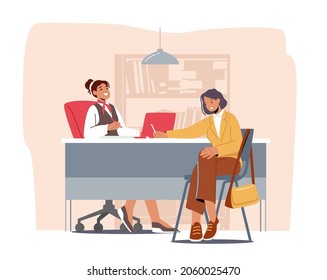 Professional Banking Service, Customer Woman And Banker Characters In Bank Office Counter Desk. Finance Manager And Client. Credit, Deposit Consult Management. Cartoon People Vector Illustration