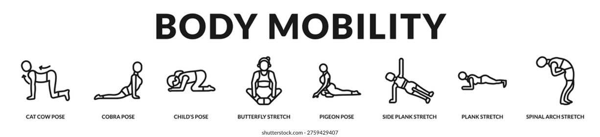 Professional banner highlighting body mobility exercises that promote spinal health, flexibility, and functional movement in Lineal Icon Style