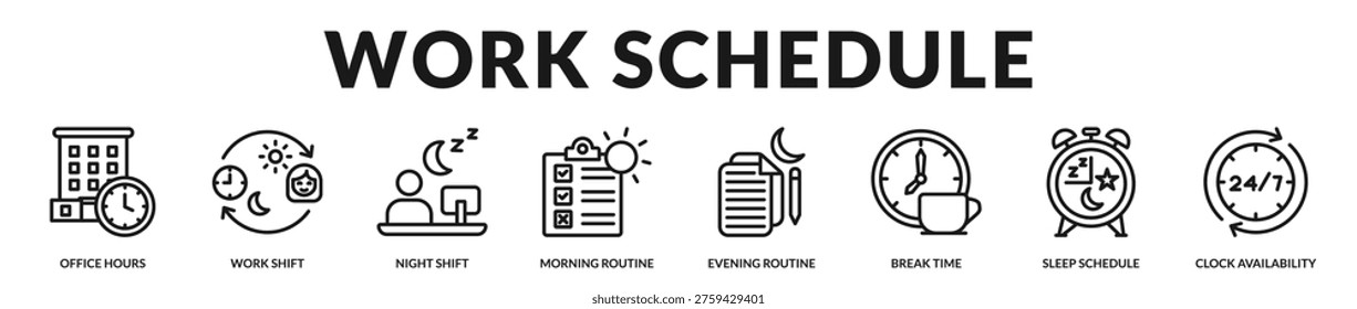Professional banner illustrating work schedules including office hours, shifts, routines, and balanced rest cycles in Lineal Icon Style