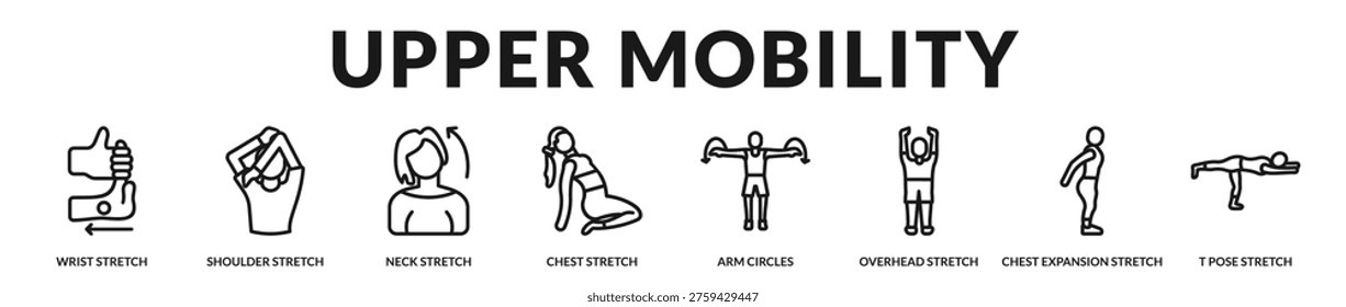 Professional banner presenting upper body mobility stretches that enhance posture, shoulder flexibility, and joint movement in Lineal Icon Style