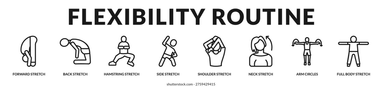 Professional banner showcasing a complete flexibility routine focused on improving mobility, posture alignment, and muscular relaxation in Lineal Icon Style