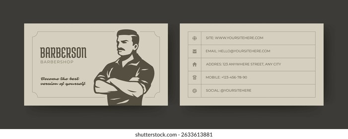 Professional barber business card with vintage inspired layout, bold masculine character, structured contact details, and clean aesthetic. Perfect for barbershop branding. Vector illustration