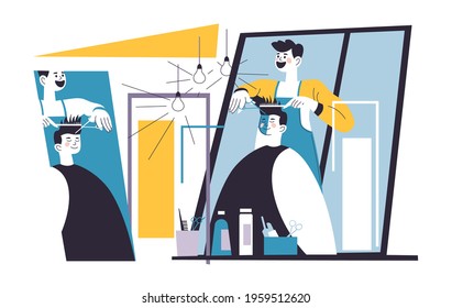 Professional barber cutting hair of client and making hairstyle. Barbershop specialist care and treatment. Beautician for male characters. Using lotions and creams for fixation. Vector in flat style