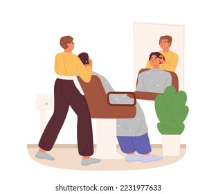 Professional barber doing hairdo to male client in barbershop. Hairstylist work in hairstyle salon with hipster shaving, grooming and cutting hair. Cartoon flat vector illustration