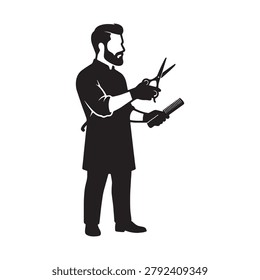 Professional barber holding scissors and comb vector silhouette graphic