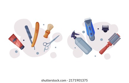Professional barber supplies set. Spray bottle, hair clipper, brush, straight razor cartoon vector illustration