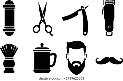 Professional barber tools icon collection featuring barber pole, hair scissors, straight razor, electric hair clipper, shaving brush, shaving mug, beard silhouette and mustache symbol. Clean black silhouette icons designed for barbershops, hair salons, men's grooming brands, shaving services, beauty businesses and barber supply stores. High quality vector artwork isolated on white background, suitable for branding, signage, packaging, websites and marketing materials.
