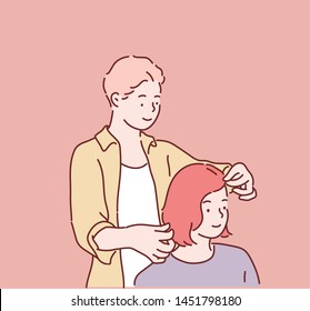 Professional barber working with client in hairdressing salon. Hand drawn style vector design illustrations.