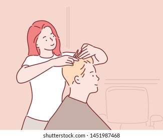 Professional barber working with client in hairdressing salon. Hand drawn style vector design illustrations.