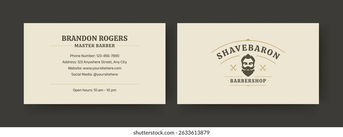 Professional barbershop business card featuring classic male figure logo, scissors icons, structured contact layout, and minimalist cream background for elegant branding. Vector illustration