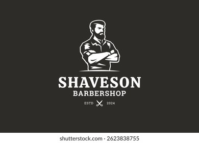 Professional barbershop logo featuring a bearded man in a retro style, with a vintage emblem and grooming service text. Vector illustration.
