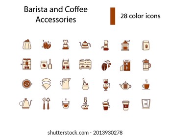 Professional barista accessories flat icons set. Coffee shop professional tools. Coffee preparation. Coffee and barista equipment. Color filled symbols collection. Isolated vector stock illustration