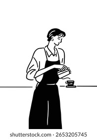 A professional barista in an apron making coffee and creating latte art. Minimalist line art illustration of a skilled cafe worker.