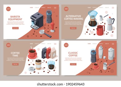 Professional barista coffee equipment set of isometric web site cards with coffee machine cups and packs vector illustration