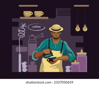 Professional barista holding cup and pouring milk. Prepare hot drink for clients process. Modern work for students. Flat vector illustration in cartoon style