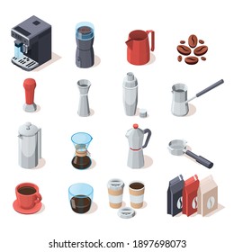 Professional barista isometric set of isolated coffee machine making equipment icons coffee beans cups and pot vector illustration